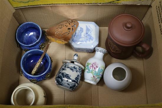 A Chinese brush pot and mixed oriental ceramics